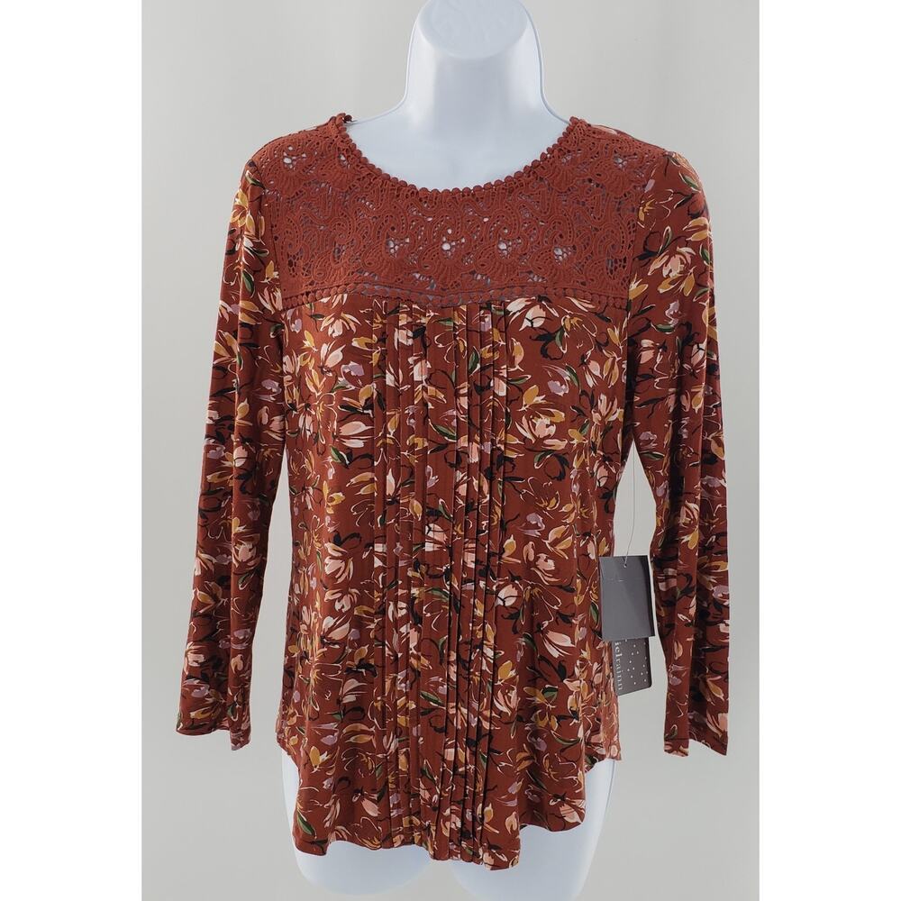 Daniel Rainn Stitch Fix Crochet floral pleated lace trim top Sz PS office church